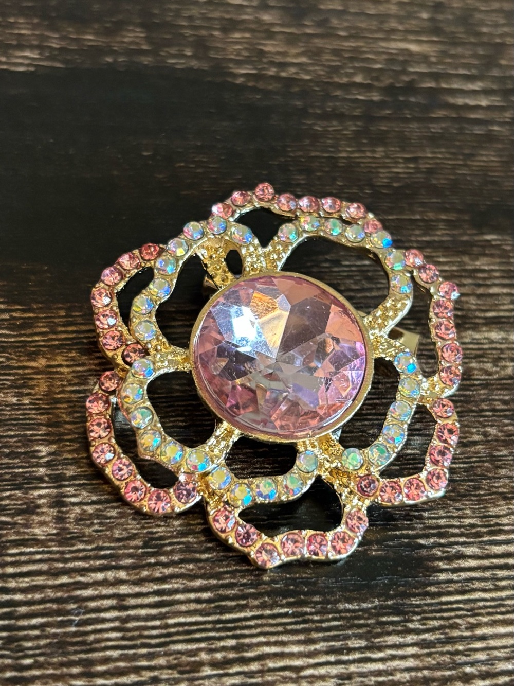 Pink Crystal Rhinestone Floral Brooch Pin - Gold Tone